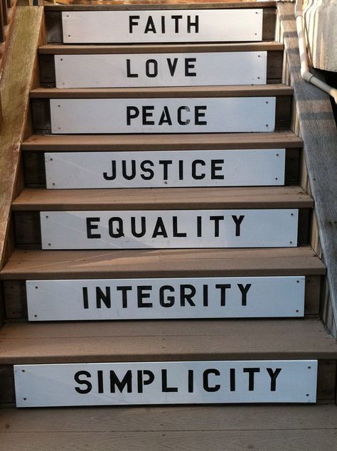 Steps showing Quaker Testimonies - Faith, Love, Peace, Justice, Equality, Integrity, and Simplicity