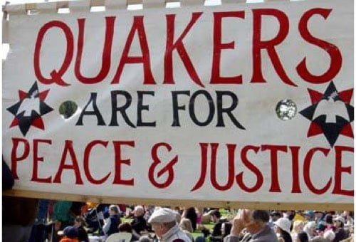 Banner reading Quakers are for Peace and Justice