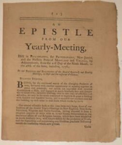 Image of first page of Epistle from Pennsylvania Quakers 1776 Yearly Meeting.