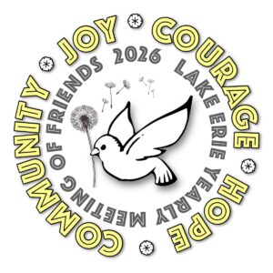 A dove holding a dandelion is surrounded by the words Community, Joy, Courage and Hope.